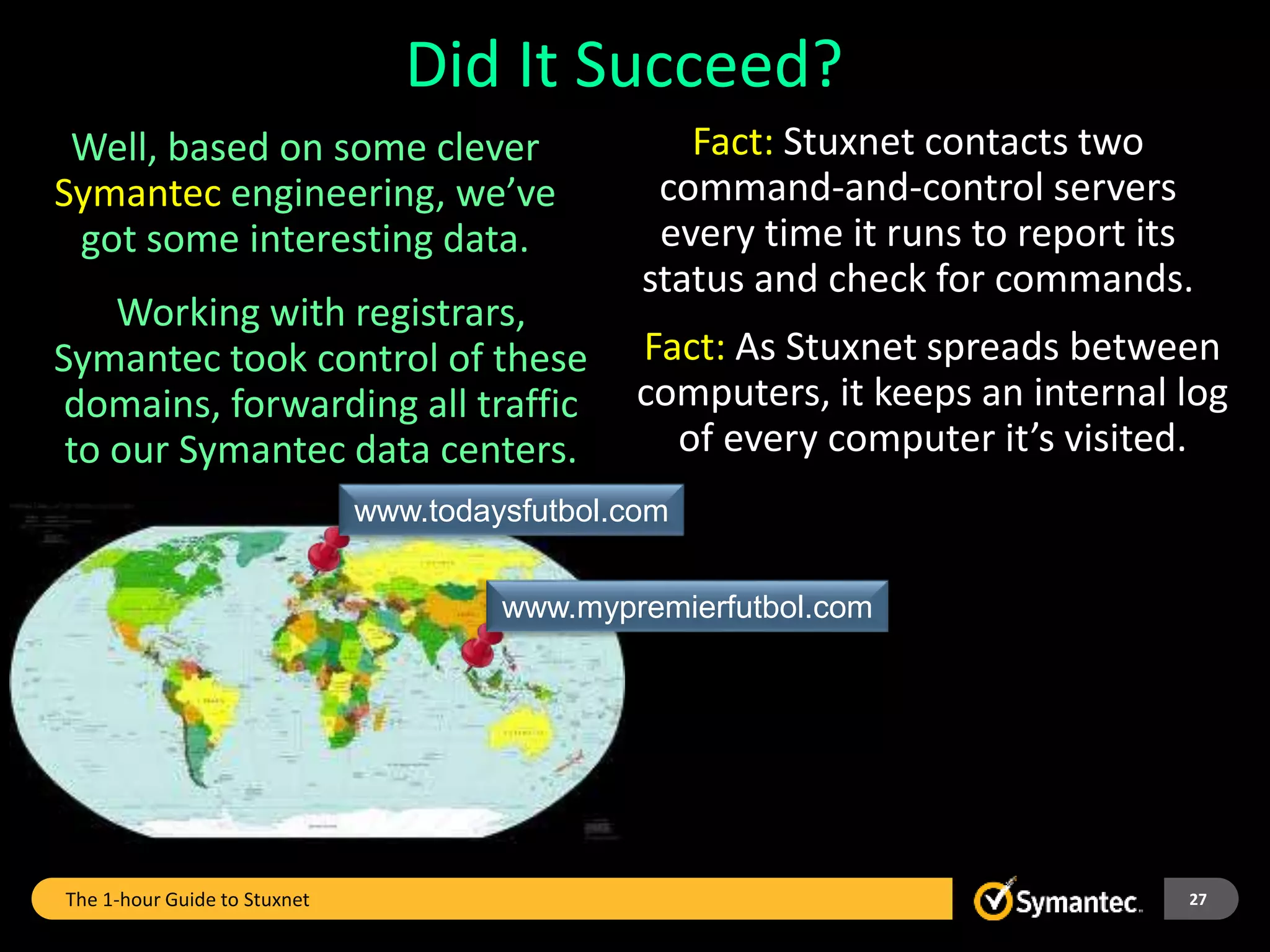 Did It Succeed?
Well, based on some clever
Symantec engineering, we’ve
got some interesting data.
Fact: As Stuxnet spreads between
computers, it keeps an internal log
of every computer it’s visited.
Fact: Stuxnet contacts two
command-and-control servers
every time it runs to report its
status and check for commands.
www.mypremierfutbol.com
www.todaysfutbol.com
Working with registrars,
Symantec took control of these
domains, forwarding all traffic
to our Symantec data centers.
The 1-hour Guide to Stuxnet 27
 