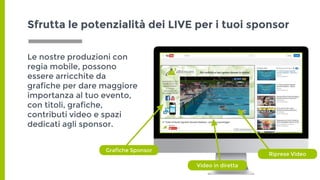 Le nostre produzioni con
regia mobile, possono
essere arricchite da
grafiche per dare maggiore
importanza al tuo evento,
con titoli, grafiche,
contributi video e spazi
dedicati agli sponsor.
Sfrutta le potenzialità dei LIVE per i tuoi sponsor
Grafiche Sponsor
Riprese Video
Video in diretta
 