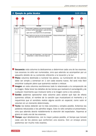¿Cómo producir un documental? 
● Ejemplo de guión técnico GUÍA VISUAL 
Secuencia: esta columna la dedicaremos a determinar cada una de las escenas. 
Las escenas no sólo van numeradas, sino que además se acompañan por un 
pequeño detalle de su contenido referente a la locación y la luz 
Plano: columna destinada a numerar los planos. La numeración de los planos 
debe ser simple y comenzar en 1 con cada escena nueva. Así será más fácil 
encontrar cualquier plano que queramos realizar o retocar. 
Imagen: en esta columna escribiremos todo lo relacionado a la composición de 
la imagen. Debe tener los detalles de las tomas que realizará el camarógrafo y de 
cualquier movimiento que involucre tanto a la imagen como a los actores. 
Sonido: podemos aprovechar esta columna para aclarar qué tipo de efecto 
queremos utilizar, el nombre de la canción que musicalizará el momento y si 
requerimos que el sonidista realice alguna acción en especial, como subir el 
volumen en un momento determinado. 
Texto: los textos deberán ser lo más concretos y simples posible. Evitemos las 
palabras rebuscadas o los párrafos largos. Esto no sólo complica al presentador, 
sino que además desvía notablemente la atención del espectador. Vayamos al 
grano en cada una de las escenas. 
Tiempo: aquí detallaremos, con la mayor justeza posible, el tiempo que tomará 
cada uno de los planos que conformen una escena. Con un ensayo previo 
podremos ser mucho más exactos. 
www.redusers.com 39 
 