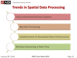 January 20th 2014 Page 13NRSC User Meet 2014
Trends in Spatial Data Processing
Fully-Automated Decision Systems
Big Data Processing
Establishment of Geospatial Data Infrastructure
Wireless Streaming in Real Time
 