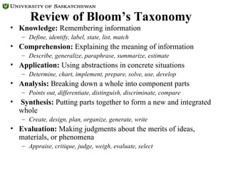 Review of Bloom’s Taxonomy Knowledge:  Remembering information  Define, identify, label, state, list, match   Comprehension:  Explaining the meaning of information  Describe, generalize, paraphrase, summarize, estimate Application:  Using abstractions in concrete situations  Determine, chart, implement, prepare, solve, use, develop Analysis:  Breaking down a whole into component parts  Points out, differentiate, distinguish, discriminate, compare Synthesis:  Putting parts together to form a new and integrated whole Create, design, plan, organize, generate, write  Evaluation:  Making judgments about the merits of ideas, materials, or phenomena Appraise, critique, judge, weigh, evaluate, select   