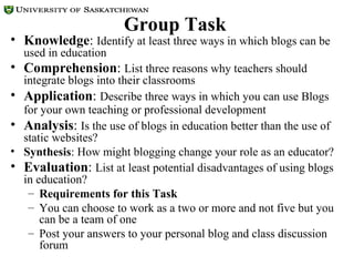 Group Task  Knowledge :  Identify at least three ways in which blogs can be used in education Comprehension :  List three reasons why teachers should integrate blogs into their classrooms Application :  Describe three ways in which you can use Blogs for your own teaching or professional development   Analysis :  Is the use of blogs in education better than the use of static websites? Synthesis : How might blogging change your role as an educator? Evaluation :  List at least potential disadvantages of using blogs in education?  Requirements for this Task You can choose to work as a two or more and not five but you can be a team of one Post your answers to your personal blog and class discussion forum 