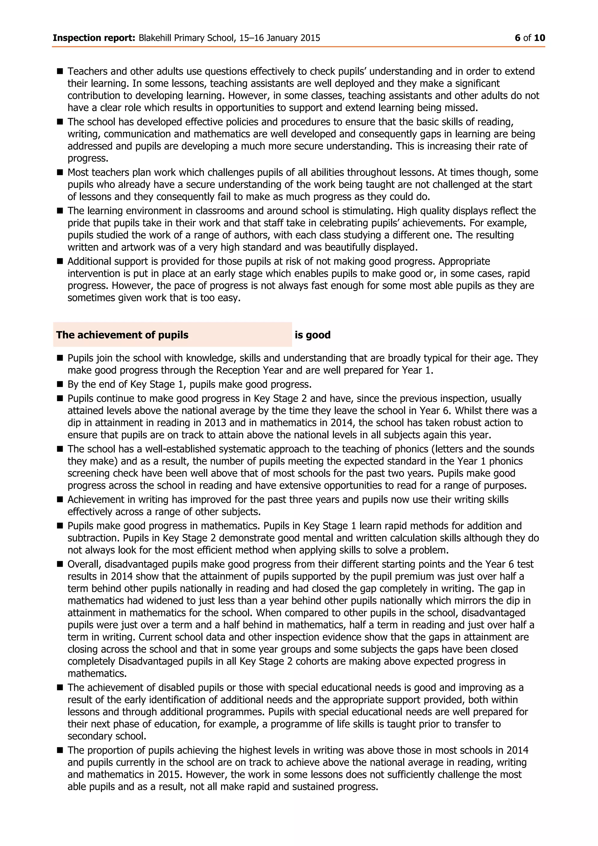 Inspection report: Blakehill Primary School, 15–16 January 2015 6 of 10
 Teachers and other adults use questions effectively to check pupils’ understanding and in order to extend
their learning. In some lessons, teaching assistants are well deployed and they make a significant
contribution to developing learning. However, in some classes, teaching assistants and other adults do not
have a clear role which results in opportunities to support and extend learning being missed.
 The school has developed effective policies and procedures to ensure that the basic skills of reading,
writing, communication and mathematics are well developed and consequently gaps in learning are being
addressed and pupils are developing a much more secure understanding. This is increasing their rate of
progress.
 Most teachers plan work which challenges pupils of all abilities throughout lessons. At times though, some
pupils who already have a secure understanding of the work being taught are not challenged at the start
of lessons and they consequently fail to make as much progress as they could do.
 The learning environment in classrooms and around school is stimulating. High quality displays reflect the
pride that pupils take in their work and that staff take in celebrating pupils’ achievements. For example,
pupils studied the work of a range of authors, with each class studying a different one. The resulting
written and artwork was of a very high standard and was beautifully displayed.
 Additional support is provided for those pupils at risk of not making good progress. Appropriate
intervention is put in place at an early stage which enables pupils to make good or, in some cases, rapid
progress. However, the pace of progress is not always fast enough for some most able pupils as they are
sometimes given work that is too easy.
The achievement of pupils is good
 Pupils join the school with knowledge, skills and understanding that are broadly typical for their age. They
make good progress through the Reception Year and are well prepared for Year 1.
 By the end of Key Stage 1, pupils make good progress.
 Pupils continue to make good progress in Key Stage 2 and have, since the previous inspection, usually
attained levels above the national average by the time they leave the school in Year 6. Whilst there was a
dip in attainment in reading in 2013 and in mathematics in 2014, the school has taken robust action to
ensure that pupils are on track to attain above the national levels in all subjects again this year.
 The school has a well-established systematic approach to the teaching of phonics (letters and the sounds
they make) and as a result, the number of pupils meeting the expected standard in the Year 1 phonics
screening check have been well above that of most schools for the past two years. Pupils make good
progress across the school in reading and have extensive opportunities to read for a range of purposes.
 Achievement in writing has improved for the past three years and pupils now use their writing skills
effectively across a range of other subjects.
 Pupils make good progress in mathematics. Pupils in Key Stage 1 learn rapid methods for addition and
subtraction. Pupils in Key Stage 2 demonstrate good mental and written calculation skills although they do
not always look for the most efficient method when applying skills to solve a problem.
 Overall, disadvantaged pupils make good progress from their different starting points and the Year 6 test
results in 2014 show that the attainment of pupils supported by the pupil premium was just over half a
term behind other pupils nationally in reading and had closed the gap completely in writing. The gap in
mathematics had widened to just less than a year behind other pupils nationally which mirrors the dip in
attainment in mathematics for the school. When compared to other pupils in the school, disadvantaged
pupils were just over a term and a half behind in mathematics, half a term in reading and just over half a
term in writing. Current school data and other inspection evidence show that the gaps in attainment are
closing across the school and that in some year groups and some subjects the gaps have been closed
completely Disadvantaged pupils in all Key Stage 2 cohorts are making above expected progress in
mathematics.
 The achievement of disabled pupils or those with special educational needs is good and improving as a
result of the early identification of additional needs and the appropriate support provided, both within
lessons and through additional programmes. Pupils with special educational needs are well prepared for
their next phase of education, for example, a programme of life skills is taught prior to transfer to
secondary school.
 The proportion of pupils achieving the highest levels in writing was above those in most schools in 2014
and pupils currently in the school are on track to achieve above the national average in reading, writing
and mathematics in 2015. However, the work in some lessons does not sufficiently challenge the most
able pupils and as a result, not all make rapid and sustained progress.
 