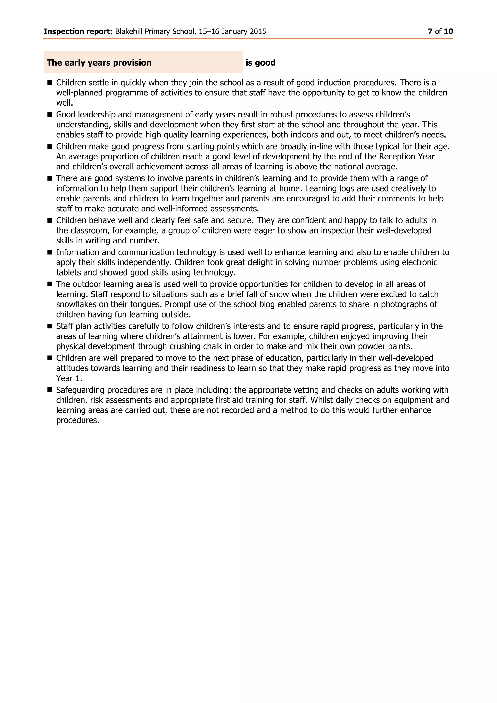 Inspection report: Blakehill Primary School, 15–16 January 2015 7 of 10
The early years provision is good
 Children settle in quickly when they join the school as a result of good induction procedures. There is a
well-planned programme of activities to ensure that staff have the opportunity to get to know the children
well.
 Good leadership and management of early years result in robust procedures to assess children’s
understanding, skills and development when they first start at the school and throughout the year. This
enables staff to provide high quality learning experiences, both indoors and out, to meet children’s needs.
 Children make good progress from starting points which are broadly in-line with those typical for their age.
An average proportion of children reach a good level of development by the end of the Reception Year
and children’s overall achievement across all areas of learning is above the national average.
 There are good systems to involve parents in children’s learning and to provide them with a range of
information to help them support their children’s learning at home. Learning logs are used creatively to
enable parents and children to learn together and parents are encouraged to add their comments to help
staff to make accurate and well-informed assessments.
 Children behave well and clearly feel safe and secure. They are confident and happy to talk to adults in
the classroom, for example, a group of children were eager to show an inspector their well-developed
skills in writing and number.
 Information and communication technology is used well to enhance learning and also to enable children to
apply their skills independently. Children took great delight in solving number problems using electronic
tablets and showed good skills using technology.
 The outdoor learning area is used well to provide opportunities for children to develop in all areas of
learning. Staff respond to situations such as a brief fall of snow when the children were excited to catch
snowflakes on their tongues. Prompt use of the school blog enabled parents to share in photographs of
children having fun learning outside.
 Staff plan activities carefully to follow children’s interests and to ensure rapid progress, particularly in the
areas of learning where children’s attainment is lower. For example, children enjoyed improving their
physical development through crushing chalk in order to make and mix their own powder paints.
 Children are well prepared to move to the next phase of education, particularly in their well-developed
attitudes towards learning and their readiness to learn so that they make rapid progress as they move into
Year 1.
 Safeguarding procedures are in place including: the appropriate vetting and checks on adults working with
children, risk assessments and appropriate first aid training for staff. Whilst daily checks on equipment and
learning areas are carried out, these are not recorded and a method to do this would further enhance
procedures.
 