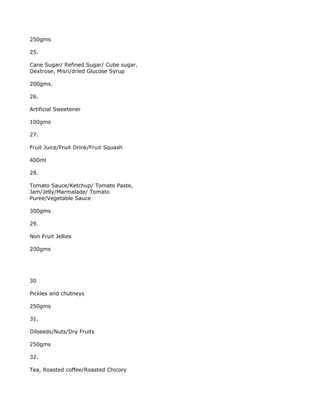 250gms

25.

Cane Sugar/ Refined Sugar/ Cube sugar,
Dextrose, Misri/dried Glucose Syrup

200gms.

26.

Artificial Sweetener

100gms

27.

Fruit Juice/Fruit Drink/Fruit Squash

400ml

28.

Tomato Sauce/Ketchup/ Tomato Paste,
Jam/Jelly/Marmalade/ Tomato
Puree/Vegetable Sauce

300gms

29.

Non Fruit Jellies

200gms




30

Pickles and chutneys

250gms

31.

Oilseeds/Nuts/Dry Fruits

250gms

32.

Tea, Roasted coffee/Roasted Chicory
 