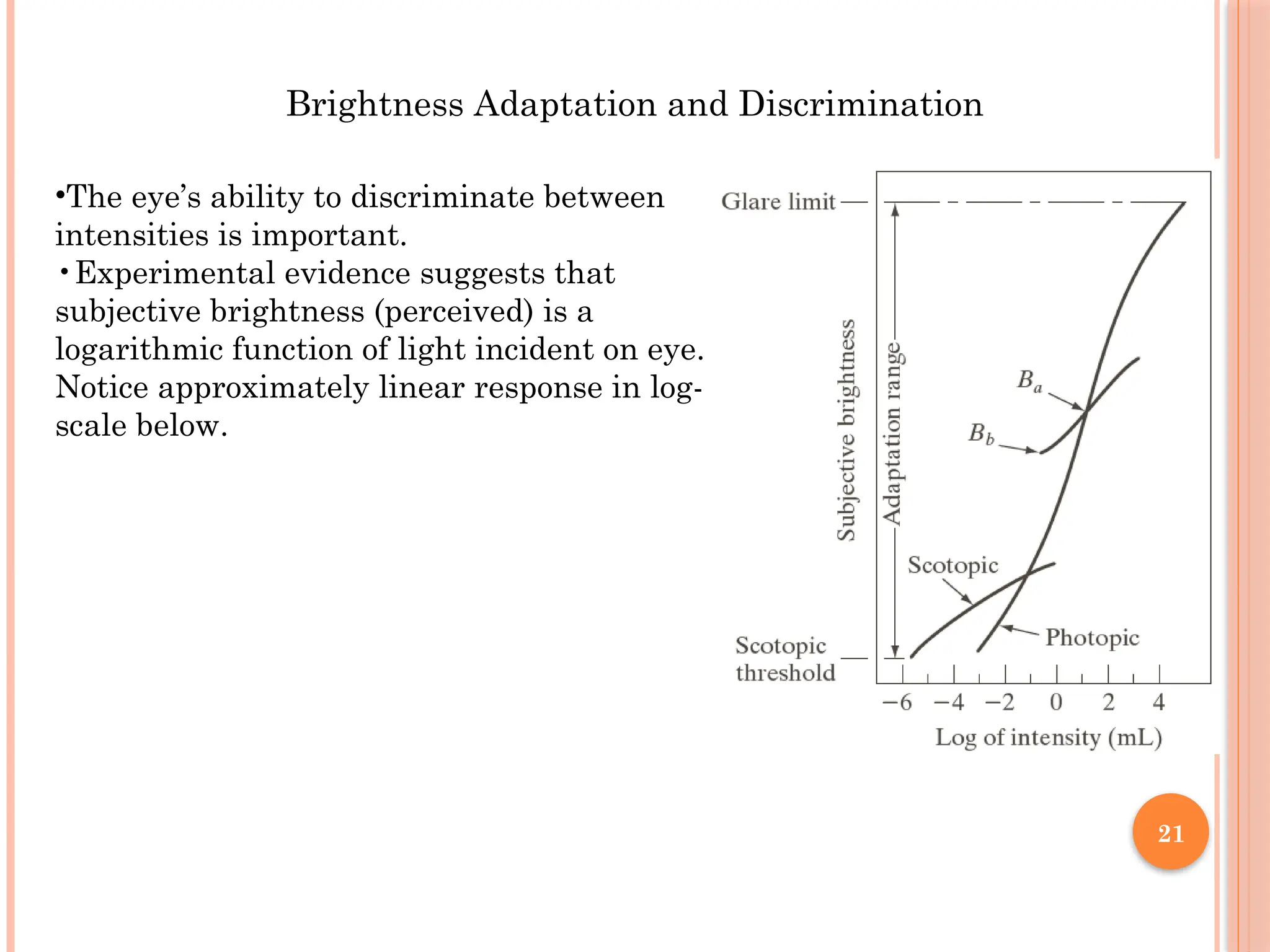 21
Brightness Adaptation and Discrimination
•The eye’s ability to discriminate between
intensities is important.
•Experimental evidence suggests that
subjective brightness (perceived) is a
logarithmic function of light incident on eye.
Notice approximately linear response in log-
scale below.
 