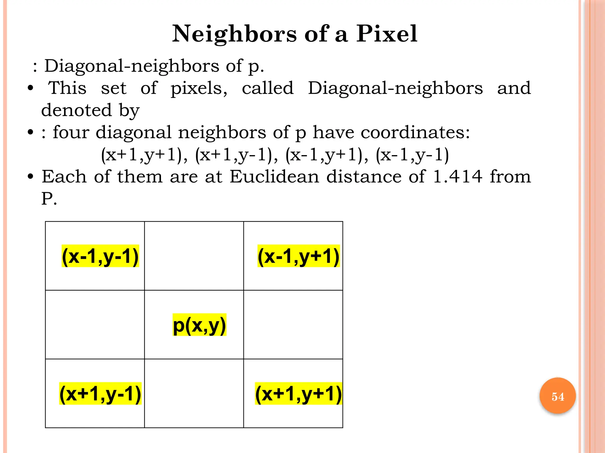 54
: Diagonal-neighbors of p.
• This set of pixels, called Diagonal-neighbors and
denoted by
• : four diagonal neighbors of p have coordinates:
(x+1,y+1), (x+1,y-1), (x-1,y+1), (x-1,y-1)
• Each of them are at Euclidean distance of 1.414 from
P.
Neighbors of a Pixel
(x-1,y-1) (x-1,y+1)
p(x,y)
(x+1,y-1) (x+1,y+1)
 