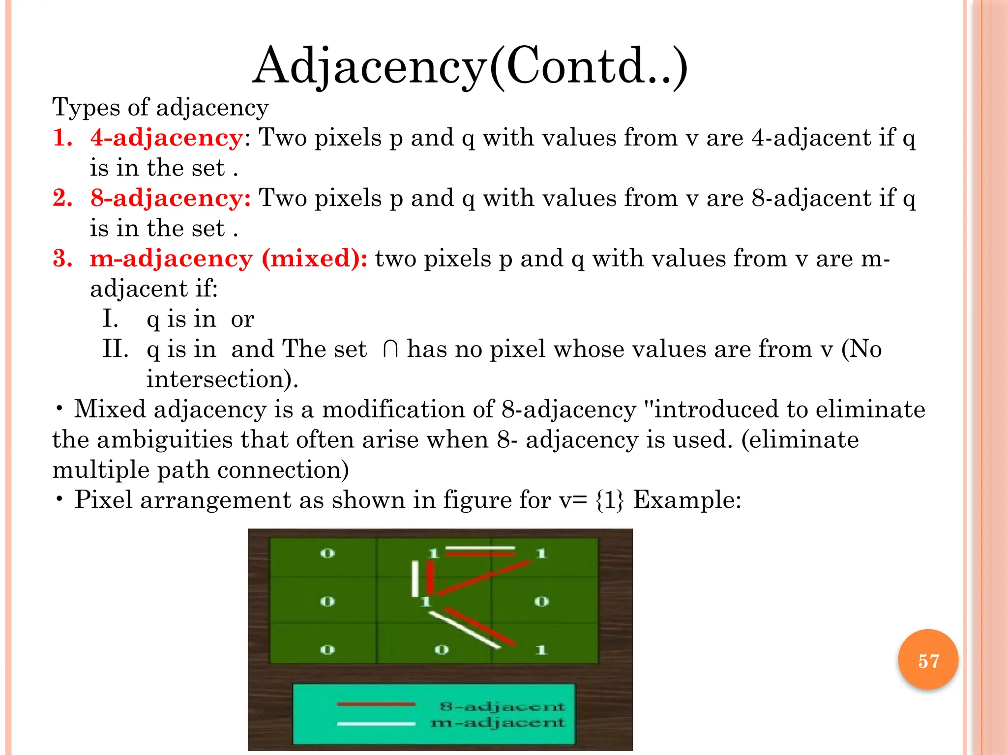 57
Adjacency(Contd..)
Types of adjacency
1. 4-adjacency: Two pixels p and q with values from v are 4-adjacent if q
is in the set .
2. 8-adjacency: Two pixels p and q with values from v are 8-adjacent if q
is in the set .
3. m-adjacency (mixed): two pixels p and q with values from v are m-
adjacent if:
I. q is in or
II. q is in and The set ∩ has no pixel whose values are from v (No
intersection).
• Mixed adjacency is a modification of 8-adjacency ''introduced to eliminate
the ambiguities that often arise when 8- adjacency is used. (eliminate
multiple path connection)
• Pixel arrangement as shown in figure for v= {1} Example:
 