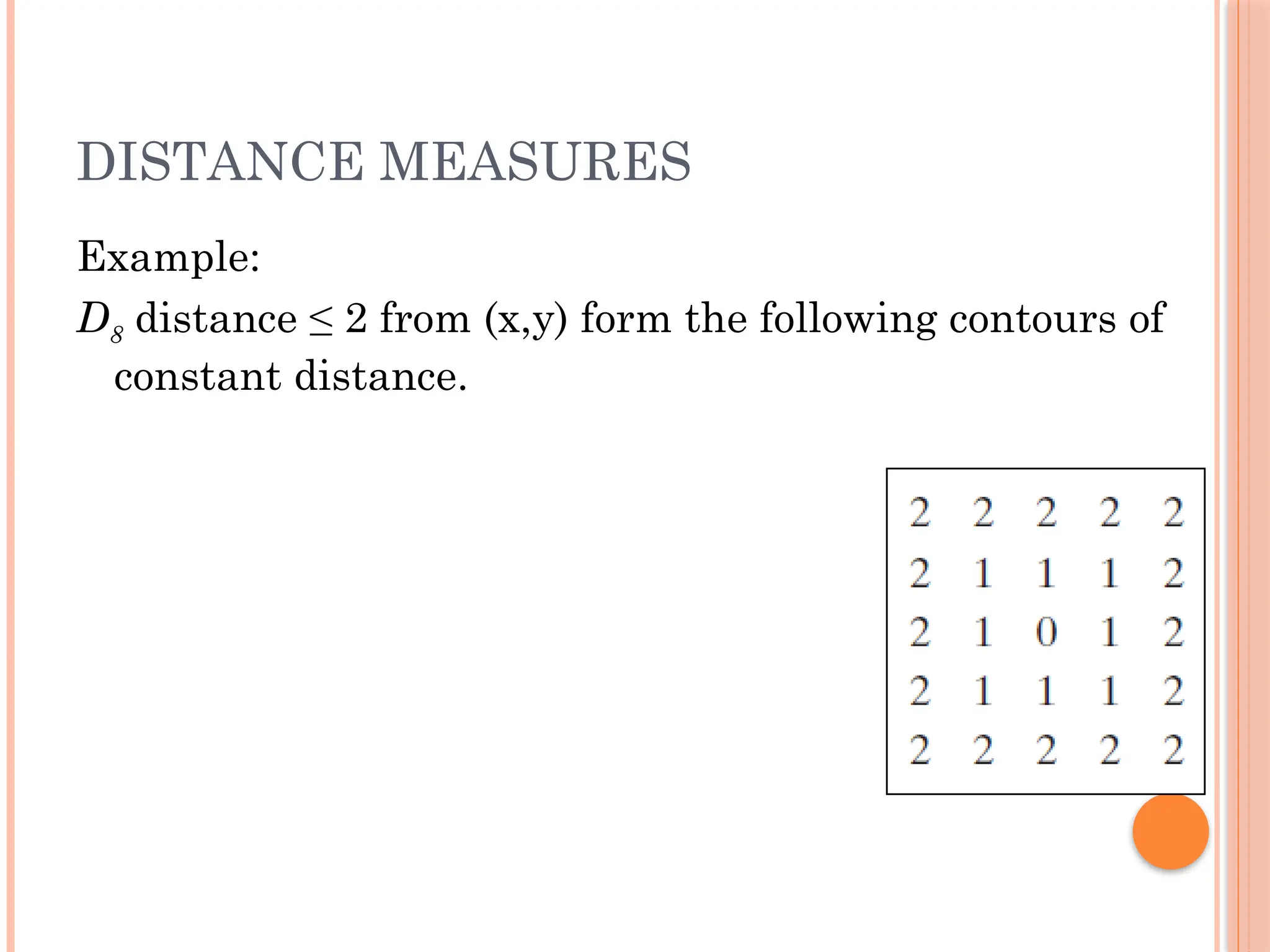 DISTANCE MEASURES
Example:
D8 distance ≤ 2 from (x,y) form the following contours of
constant distance.
 