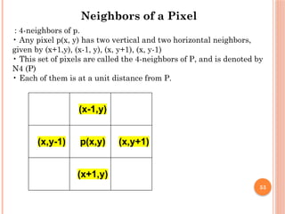 53
: 4-neighbors of p.
• Any pixel p(x, y) has two vertical and two horizontal neighbors,
given by (x+1,y), (x-1, y), (x, y+1), (x, y-1)
• This set of pixels are called the 4-neighbors of P, and is denoted by
N4 (P)
• Each of them is at a unit distance from P.
Neighbors of a Pixel
(x-1,y)
(x,y-1) p(x,y) (x,y+1)
(x+1,y)
 