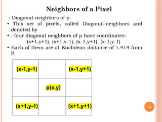 54
: Diagonal-neighbors of p.
• This set of pixels, called Diagonal-neighbors and
denoted by
• : four diagonal neighbors of p have coordinates:
(x+1,y+1), (x+1,y-1), (x-1,y+1), (x-1,y-1)
• Each of them are at Euclidean distance of 1.414 from
P.
Neighbors of a Pixel
(x-1,y-1) (x-1,y+1)
p(x,y)
(x+1,y-1) (x+1,y+1)
 