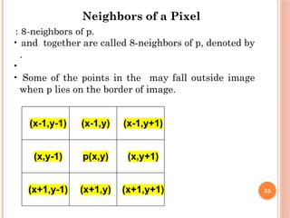 55
: 8-neighbors of p.
• and together are called 8-neighbors of p, denoted by
.
•
• Some of the points in the may fall outside image
when p lies on the border of image.
Neighbors of a Pixel
(x-1,y-1) (x-1,y) (x-1,y+1)
(x,y-1) p(x,y) (x,y+1)
(x+1,y-1) (x+1,y) (x+1,y+1)
 