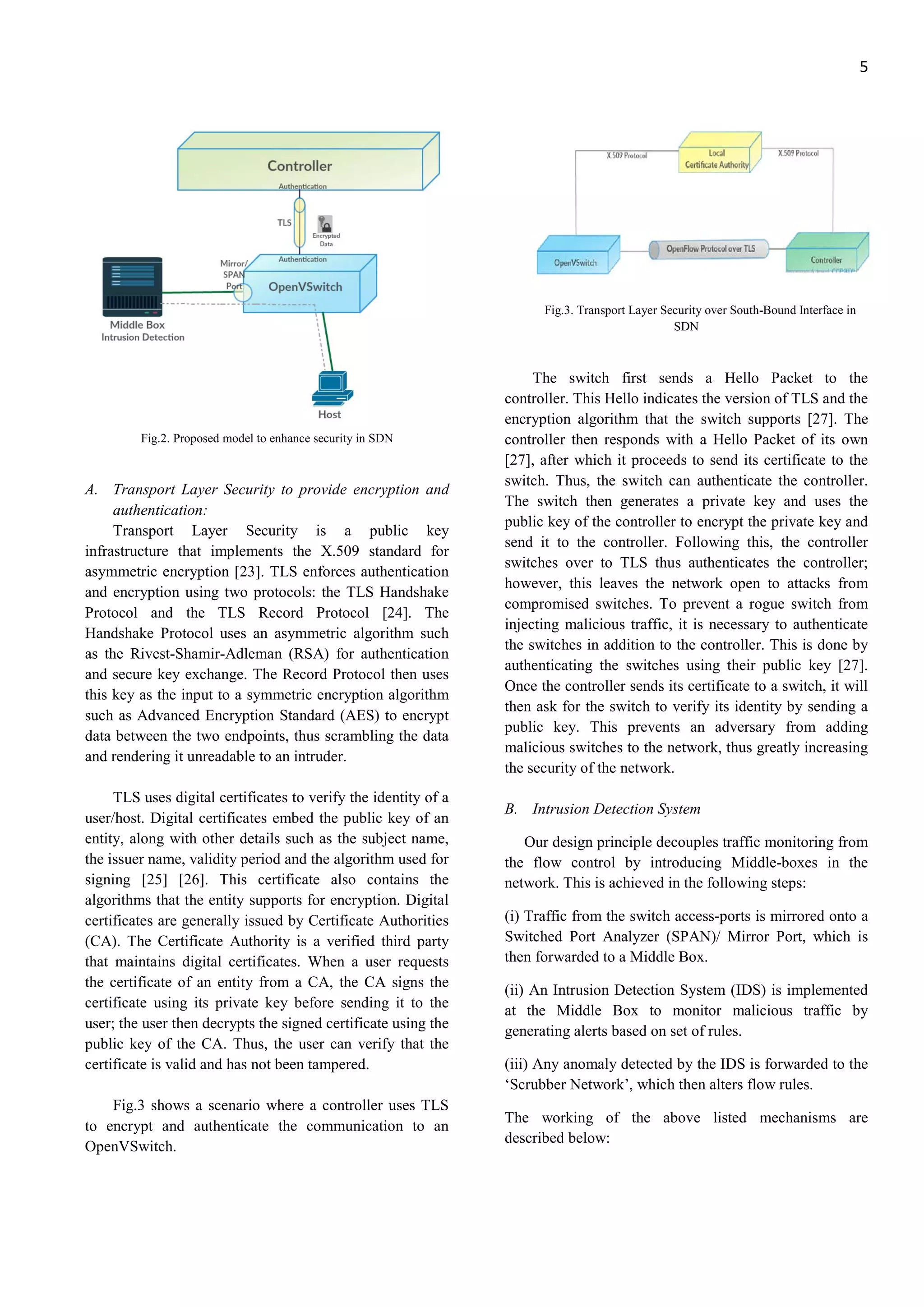 5
Fig.2. Proposed model to enhance security in SDN
A. Transport Layer Security to provide encryption and
authentication:
Transport Layer Security is a public key
infrastructure that implements the X.509 standard for
asymmetric encryption [23]. TLS enforces authentication
and encryption using two protocols: the TLS Handshake
Protocol and the TLS Record Protocol [24]. The
Handshake Protocol uses an asymmetric algorithm such
as the Rivest-Shamir-Adleman (RSA) for authentication
and secure key exchange. The Record Protocol then uses
this key as the input to a symmetric encryption algorithm
such as Advanced Encryption Standard (AES) to encrypt
data between the two endpoints, thus scrambling the data
and rendering it unreadable to an intruder.
TLS uses digital certificates to verify the identity of a
user/host. Digital certificates embed the public key of an
entity, along with other details such as the subject name,
the issuer name, validity period and the algorithm used for
signing [25] [26]. This certificate also contains the
algorithms that the entity supports for encryption. Digital
certificates are generally issued by Certificate Authorities
(CA). The Certificate Authority is a verified third party
that maintains digital certificates. When a user requests
the certificate of an entity from a CA, the CA signs the
certificate using its private key before sending it to the
user; the user then decrypts the signed certificate using the
public key of the CA. Thus, the user can verify that the
certificate is valid and has not been tampered.
Fig.3 shows a scenario where a controller uses TLS
to encrypt and authenticate the communication to an
OpenVSwitch.
Fig.3. Transport Layer Security over South-Bound Interface in
SDN
The switch first sends a Hello Packet to the
controller. This Hello indicates the version of TLS and the
encryption algorithm that the switch supports [27]. The
controller then responds with a Hello Packet of its own
[27], after which it proceeds to send its certificate to the
switch. Thus, the switch can authenticate the controller.
The switch then generates a private key and uses the
public key of the controller to encrypt the private key and
send it to the controller. Following this, the controller
switches over to TLS thus authenticates the controller;
however, this leaves the network open to attacks from
compromised switches. To prevent a rogue switch from
injecting malicious traffic, it is necessary to authenticate
the switches in addition to the controller. This is done by
authenticating the switches using their public key [27].
Once the controller sends its certificate to a switch, it will
then ask for the switch to verify its identity by sending a
public key. This prevents an adversary from adding
malicious switches to the network, thus greatly increasing
the security of the network.
B. Intrusion Detection System
Our design principle decouples traffic monitoring from
the flow control by introducing Middle-boxes in the
network. This is achieved in the following steps:
(i) Traffic from the switch access-ports is mirrored onto a
Switched Port Analyzer (SPAN)/ Mirror Port, which is
then forwarded to a Middle Box.
(ii) An Intrusion Detection System (IDS) is implemented
at the Middle Box to monitor malicious traffic by
generating alerts based on set of rules.
(iii) Any anomaly detected by the IDS is forwarded to the
‘Scrubber Network’, which then alters flow rules.
The working of the above listed mechanisms are
described below:
 