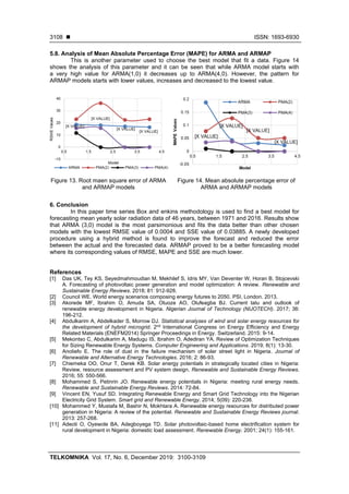 ◼ ISSN: 1693-6930
TELKOMNIKA Vol. 17, No. 6, December 2019: 3100-3109
3108
5.8. Analysis of Mean Absolute Percentage Error (MAPE) for ARMA and ARMAP
This is another parameter used to choose the best model that fit a data. Figure 14
shows the analysis of this parameter and it can be seen that while ARMA model starts with
a very high value for ARMA(1,0) it decreases up to ARMA(4,0). However, the pattern for
ARMAP models starts with lower values, increases and decreased to the lowest value.
Figure 13. Root maen square error of ARMA
and ARMAP models
Figure 14. Mean absolute percentage error of
ARMA and ARMAP models
6. Conclusion
In this paper time series Box and enkins methodology is used to find a best model for
forecasting mean yearly solar radiation data of 46 years, between 1971 and 2016. Results show
that ARMA (3,0) model is the most parsimonious and fits the data better than other chosen
models with the lowest RMSE value of 0.0004 and SSE value of 0.03885. A newly developed
procedure using a hybrid method is found to improve the forecast and reduced the error
between the actual and the forecasted data. ARMAP proved to be a better forecasting model
where its corresponding values of RMSE, MAPE and SSE are much lower.
References
[1] Das UK, Tey KS, Seyedmahmoudian M, Mekhilef S, Idris MY, Van Deventer W, Horan B, Stojcevski
A. Forecasting of photovoltaic power generation and model optimization: A review. Renewable and
Sustainable Energy Reviews. 2018; 81: 912-928.
[2] Council WE. World energy scenarios composing energy futures to 2050. PSI, London. 2013.
[3] Akorede MF, Ibrahim O, Amuda SA, Otuoze AO, Olufeagba BJ. Current tatu and outlook of
renewable energy development in Nigeria. Nigerian Journal of Technology (NIJOTECH). 2017; 36:
196-212.
[4] Abdulkarim A, Abdelkader S, Morrow DJ. Statistical analyses of wind and solar energy resources for
the development of hybrid microgrid. 2nd
International Congress on Energy Efficiency and Energy
Related Materials (ENEFM2014) Springer Proceedings in Energy. Switzerland. 2015: 9-14.
[5] Mekontso C, Abdulkarim A, Madugu IS, Ibrahim O, Adediran YA. Review of Optimization Techniques
for Sizing Renewable Energy Systems. Computer Engineering and Applications. 2019; 8(1): 13-30.
[6] Anoliefo E. The role of dust in the failure mechanism of solar street light in Nigeria. Journal of
Renewable and Alternative Energy Technologies. 2016; 2: 86-93.
[7] Chiemeka OO, Onur T, Derek KB. Solar energy potentials in strategically located cities in Nigeria:
Review, resource assessment and PV system design. Renewable and Sustainable Energy Reviews.
2016; 55: 550-566.
[8] Mohammed S, Petinrin JO. Renewable energy potentials in Nigeria: meeting rural energy needs.
Renewable and Sustainable Energy Reviews. 2014: 72-84.
[9] Vincent EN, Yusuf SD. Integrating Renewable Energy and Smart Grid Technology into the Nigerian
Electricity Grid System. Smart grid and Renewable Energy. 2014; 5(09): 220-238.
[10] Mohammed Y, Mustafa M, Bashir N, Mokhtara A. Renewable energy resources for distributed power
generation in Nigeria: A review of the potential. Renewable and Sustainable Energy Reviews journal.
2013: 257-268.
[11] Adeoti O, Oyewole BA, Adegboyega TD. Solar photovoltaic-based home electrification system for
rural development in Nigeria: domestic load assessment. Renewable Energy. 2001; 24(1): 155-161.
 