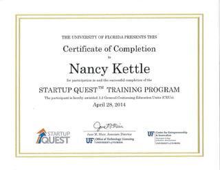 Startup Quest Certificate of Completion