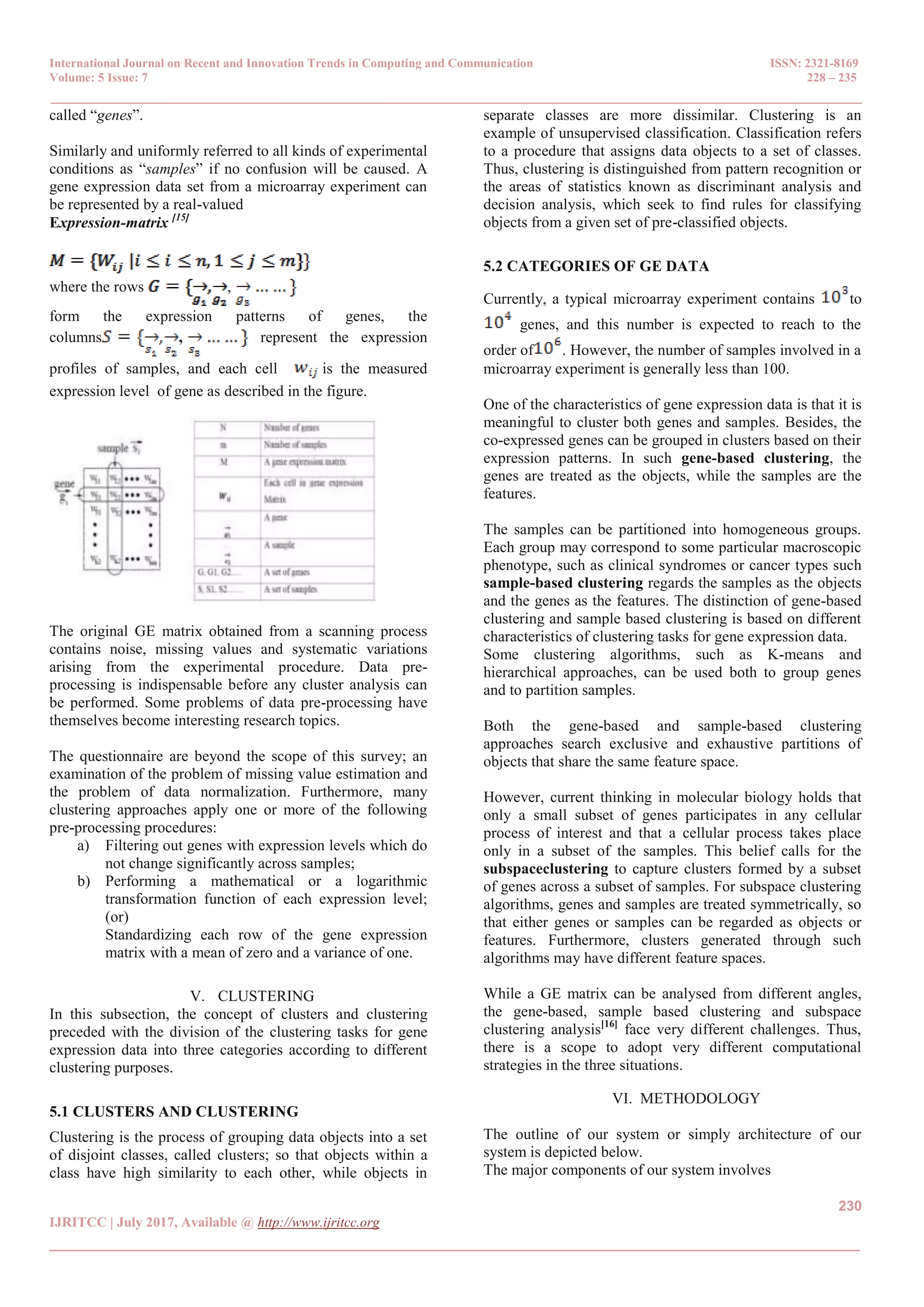 International Journal on Recent and Innovation Trends in Computing and Communication ISSN: 2321-8169
Volume: 5 Issue: 7 228 – 235
_______________________________________________________________________________________________
230
IJRITCC | July 2017, Available @ http://www.ijritcc.org
_______________________________________________________________________________________
called “genes”.
Similarly and uniformly referred to all kinds of experimental
conditions as “samples” if no confusion will be caused. A
gene expression data set from a microarray experiment can
be represented by a real-valued
Expression-matrix [15]
where the rows ,
form the expression patterns of genes, the
columns , represent the expression
profiles of samples, and each cell is the measured
expression level of gene as described in the figure.
The original GE matrix obtained from a scanning process
contains noise, missing values and systematic variations
arising from the experimental procedure. Data pre-
processing is indispensable before any cluster analysis can
be performed. Some problems of data pre-processing have
themselves become interesting research topics.
The questionnaire are beyond the scope of this survey; an
examination of the problem of missing value estimation and
the problem of data normalization. Furthermore, many
clustering approaches apply one or more of the following
pre-processing procedures:
a) Filtering out genes with expression levels which do
not change significantly across samples;
b) Performing a mathematical or a logarithmic
transformation function of each expression level;
(or)
Standardizing each row of the gene expression
matrix with a mean of zero and a variance of one.
V. CLUSTERING
In this subsection, the concept of clusters and clustering
preceded with the division of the clustering tasks for gene
expression data into three categories according to different
clustering purposes.
5.1 CLUSTERS AND CLUSTERING
Clustering is the process of grouping data objects into a set
of disjoint classes, called clusters; so that objects within a
class have high similarity to each other, while objects in
separate classes are more dissimilar. Clustering is an
example of unsupervised classification. Classification refers
to a procedure that assigns data objects to a set of classes.
Thus, clustering is distinguished from pattern recognition or
the areas of statistics known as discriminant analysis and
decision analysis, which seek to find rules for classifying
objects from a given set of pre-classified objects.
5.2 CATEGORIES OF GE DATA
Currently, a typical microarray experiment contains to
genes, and this number is expected to reach to the
order of . However, the number of samples involved in a
microarray experiment is generally less than 100.
One of the characteristics of gene expression data is that it is
meaningful to cluster both genes and samples. Besides, the
co-expressed genes can be grouped in clusters based on their
expression patterns. In such gene-based clustering, the
genes are treated as the objects, while the samples are the
features.
The samples can be partitioned into homogeneous groups.
Each group may correspond to some particular macroscopic
phenotype, such as clinical syndromes or cancer types such
sample-based clustering regards the samples as the objects
and the genes as the features. The distinction of gene-based
clustering and sample based clustering is based on different
characteristics of clustering tasks for gene expression data.
Some clustering algorithms, such as K-means and
hierarchical approaches, can be used both to group genes
and to partition samples.
Both the gene-based and sample-based clustering
approaches search exclusive and exhaustive partitions of
objects that share the same feature space.
However, current thinking in molecular biology holds that
only a small subset of genes participates in any cellular
process of interest and that a cellular process takes place
only in a subset of the samples. This belief calls for the
subspaceclustering to capture clusters formed by a subset
of genes across a subset of samples. For subspace clustering
algorithms, genes and samples are treated symmetrically, so
that either genes or samples can be regarded as objects or
features. Furthermore, clusters generated through such
algorithms may have different feature spaces.
While a GE matrix can be analysed from different angles,
the gene-based, sample based clustering and subspace
clustering analysis[16]
face very different challenges. Thus,
there is a scope to adopt very different computational
strategies in the three situations.
VI. METHODOLOGY
The outline of our system or simply architecture of our
system is depicted below.
The major components of our system involves
 