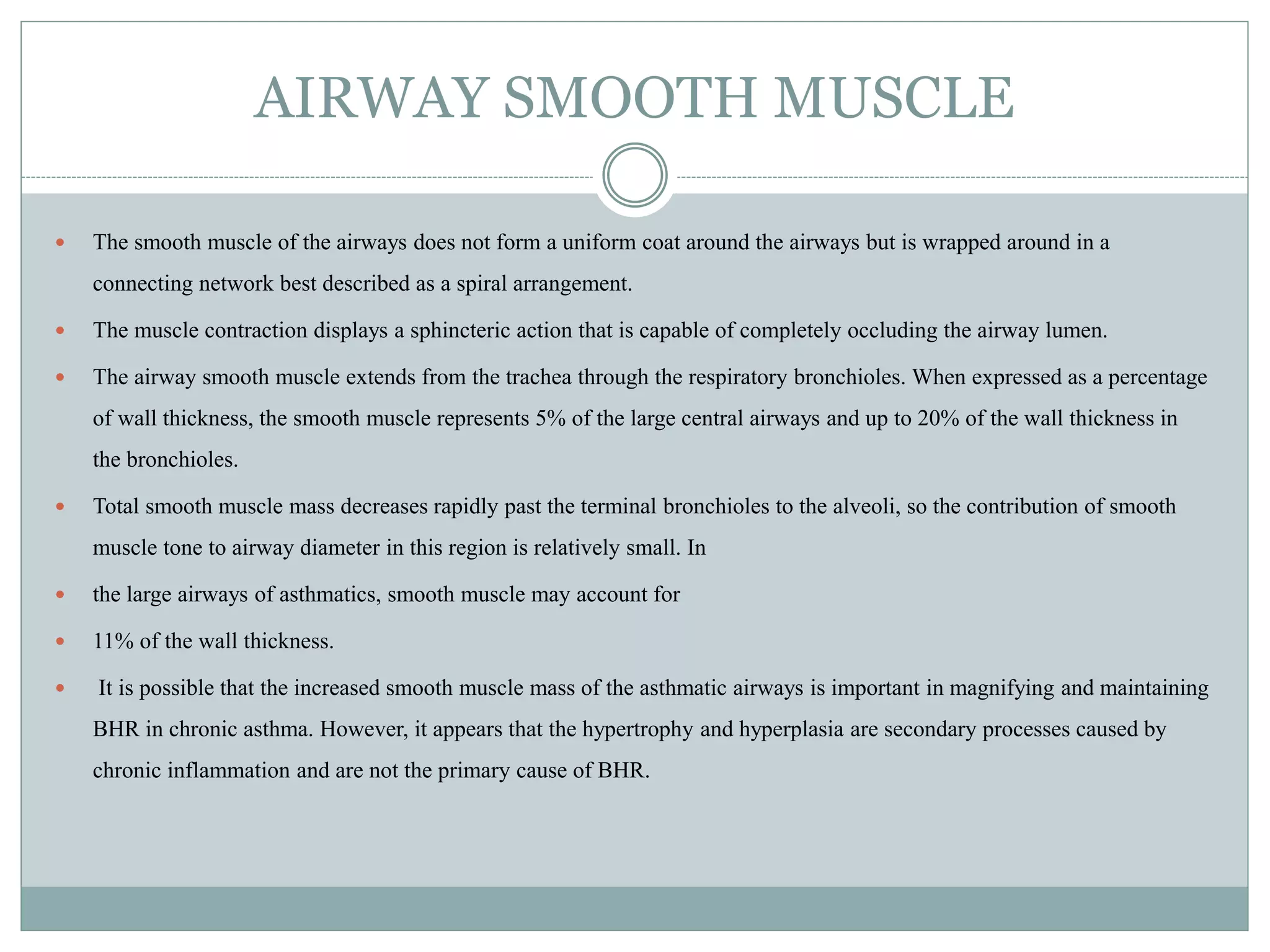 AIRWAY SMOOTH MUSCLE
 The smooth muscle of the airways does not form a uniform coat around the airways but is wrapped around in a
connecting network best described as a spiral arrangement.
 The muscle contraction displays a sphincteric action that is capable of completely occluding the airway lumen.
 The airway smooth muscle extends from the trachea through the respiratory bronchioles. When expressed as a percentage
of wall thickness, the smooth muscle represents 5% of the large central airways and up to 20% of the wall thickness in
the bronchioles.
 Total smooth muscle mass decreases rapidly past the terminal bronchioles to the alveoli, so the contribution of smooth
muscle tone to airway diameter in this region is relatively small. In
 the large airways of asthmatics, smooth muscle may account for
 11% of the wall thickness.
 It is possible that the increased smooth muscle mass of the asthmatic airways is important in magnifying and maintaining
BHR in chronic asthma. However, it appears that the hypertrophy and hyperplasia are secondary processes caused by
chronic inflammation and are not the primary cause of BHR.
 