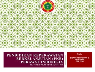 PENDIDIKAN KEPERAWATAN
BERKELANJUTAN (PKB)
PERAWAT INDONESIA
SK 017F/DPP.PPNI/SK/K/II/2016
Oleh:
BIDANG PENDIDIKAN &
PELATIHAN
DPP PPNI
 