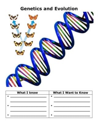 Genetics and Evolution
What I know What I Want to Know
 ____________________
____________________
 ____________________
____________________
 ____________________
 ____________________
____________________
 ____________________
____________________
 ____________________
 