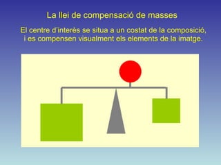 La llei de compensació de masses El centre d’interès se situa a un costat de la composició, i es compensen visualment els elements de la imatge. 