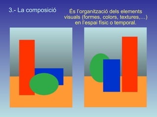 És l’organització dels elements visuals (formes, colors, textures,…) en l’espai físic o temporal. 3.- La composició 