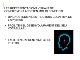 LES REPRESENTACIONS VISUALS DEL CONEIXEMENT APORTEN MOLTS BENEFICIS: DIAGNOSTIQUEN L’ESTRUCTURA COGNITIVA DE L’APRENENT. FACILITEN EL DESENVOLUPAMENT DEL SEU VOCABULARI. FACILITEN L’APRENENTATGE DE TEXTOS. 