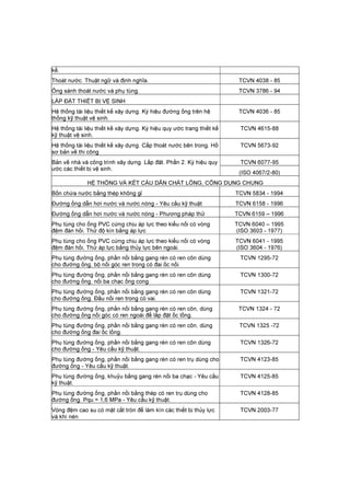 kế.
Thoát nước. Thuật ngữ và định nghĩa. TCVN 4038 - 85
Ống sành thoát nước và phụ tùng. TCVN 3786 - 94
LẮP ĐẶT THIẾT BỊ VỆ SINH
Hệ thống tài liệu thiết kế xây dựng. Ký hiệu đường ống trên hệ
thống kỹ thuật vệ sinh.
TCVN 4036 - 85
Hệ thống tài liệu thiết kế xây dựng. Ký hiệu quy ước trang thiết kế
kỹ thuật vệ sinh.
TCVN 4615-88
Hệ thống tài liệu thiết kế xây dựng. Cấp thoát nước bên trong. Hồ
sơ bản vẽ thi công
TCVN 5673-92
Bản vẽ nhà và công trình xây dựng. Lắp đặt. Phần 2. Ký hiệu quy
ước các thiết bị vệ sinh.
TCVN 6077-95
(ISO 4067/2-80)
HỆ THỐNG VÀ KẾT CẤU DẪN CHẤT LỎNG, CÔNG DỤNG CHUNG
Bồn chứa nước bằng thép không gỉ TCVN 5834 - 1994
Đường ống dẫn hơi nước và nước nóng - Yêu cầu kỹ thuật TCVN 6158 - 1996
Đường ống dẫn hơi nước và nước nóng - Phương pháp thử TCVN 6159 – 1996
Phụ tùng cho ống PVC cứng chịu áp lực theo kiểu nối có vòng
đệm đàn hồi. Thử độ kín bằng áp lực
TCVN 6040 – 1995
(ISO 3603 - 1977)
Phụ tùng cho ống PVC cứng chịu áp lực theo kiểu nối có vòng
đệm đàn hồi. Thử áp lực bằng thủy lực bên ngoài.
TCVN 6041 - 1995
(ISO 3604 - 1976)
Phụ tùng đường ống, phần nối bằng gang rèn có ren côn dùng
cho đường ống, bộ nối góc ren trong có đai ốc nối.
TCVN 1295-72
Phụ tùng đường ống, phần nối bằng gang rèn có ren côn dùng
cho đường ống, nối ba chạc ống cong.
TCVN 1300-72
Phụ tùng đường ống, phần nối bằng gang rèn có ren côn dùng
cho đường ống. Đầu nối ren trong có vai.
TCVN 1321-72
Phụ tùng đường ống, phần nối bằng gang rèn có ren côn, dùng
cho đường ống nối góc có ren ngoài để lắp đặt ốc lồng.
TCVN 1324 - 72
Phụ tùng đường ống, phần nối bằng gang rèn có ren côn, dùng
cho đường ống đai ốc lồng.
TCVN 1325 -72
Phụ tùng đường ống, phần nối bằng gang rèn có ren côn dùng
cho đường ống - Yêu cầu kỹ thuật.
TCVN 1326-72
Phụ tùng đường ống, phần nối bằng gang rèn có ren trụ dùng cho
đường ống - Yêu cầu kỹ thuật.
TCVN 4123-85
Phụ tùng đường ống, khuỷu bằng gang rèn nối ba chạc - Yêu cầu
kỹ thuật.
TCVN 4125-85
Phụ tùng đường ống, phần nối bằng thép có ren trụ dùng cho
đường ống. Pqu = 1,6 MPa - Yêu cầu kỹ thuật.
TCVN 4128-85
Vòng đệm cao su có mặt cắt tròn để làm kín các thiết bị thủy lực
và khí nén
TCVN 2003-77
 