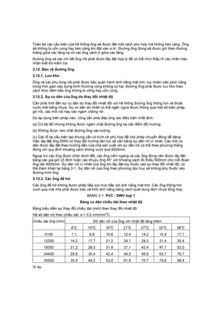 Toàn bộ các cấu kiện của hệ thống ống sẽ được đặt một cách phù hợp mà không kéo căng. Ống
sẽ không bị uốn cong hay kéo căng khi đặt vào vị trí. Đường ống đứng sẽ được giữ theo đường
thẳng giữa các tầng và có các ống vách ở giữa các tầng.
Đường ống và các chi tiết ống nối phải được lắp đặt hợp lý để có thể nhìn thấy rõ các nhãn hiệu
nhận biết khi kiểm tra.
3.12. Bảo vệ đường ống
3.12.1. Lưu kho
Ống và các phụ tùng nối phải được bảo quản tránh ánh nắng mặt trời; tuy nhiên việc phơi nắng
trong thời gian xây dựng bình thường cũng không có hại. Đường ống phải được lưu kho theo
cách thức đảm bảo ống không bị võng hay uốn cong.
3.12.2. Sự co dãn của ống do thay đổi nhiệt độ
Cần phải tính đến sự co dãn do thay đổi nhiệt đối với hệ thống đường ống thông hơi và thoát
nước thải bằng nhựa. Sự co dãn do nhiệt có thể ngăn ngừa được thông qua một số biện pháp:
gờ nối, các mối nối hay các ngàm chống nở.
Dù áp dụng biện pháp nào, cũng cần phải đáp ứng các điều kiện nhất định.
(a) Có bệ đỡ nhưng không được ngàm chặt đường ống tại các điểm đổi hướng;
(b) Không được neo chặt đường ống vào tường.
(c) Các lỗ tại cấu kiện tạo khung cần có kích cỡ phù hợp để cho phép chuyển động dễ dàng.
Việc lắp đặt ống DWV có thay đổi hướng liên tục sẽ cân bằng sự dãn nở vì nhiệt. Các mối co
dãn được lắp đặt theo hướng dẫn của nhà sản xuất với sự dãn nở có thể theo phương thẳng
đứng với quy định khoảng cách không vượt quá 9000mm.
Ngoại trừ các ống được chôn dưới đất, các ống nằm ngang và các ống đứng nên được lắp đặt
bằng các giá giữ cố định hoặc các khuỷu ống 45° với khoảng cách tối thiểu 600mm cho mỗi đoạn
ống dài 9000mm. Sự dãn nở vì nhiệt của ống khi lắp đặt tùy thuộc vào sự thay đổi nhiệt độ, có
thể tham khảo tại bảng 3-1. Sự dãn nở của ống theo phương dọc trục sẽ không phụ thuộc vào
đường kính ống.
3.12.3. Các ống để hở
Các ống để hở không được phép tiếp xúc trực tiếp với ánh nắng mặt trời. Các ống thông hơi
vượt qua mái nhà phải được bảo vệ khỏi ánh nắng bằng cách quét dung dịch nhựa tổng hợp.
BẢNG 3-1. PVC - DWV loại 1
Bảng co dãn chiều dài theo nhiệt độ
Bảng biểu diễn sự thay đổi chiều dài (mm) theo thay đổi nhiệt độ.
Hệ số dãn nở theo chiều dài: e = 0,2 mm/mm
o
C
Chiều dài ống (mm) Đô dãn nở của ống với nhiệt độ tăng thêm
4
o
C 10
o
C 16
o
C 21
o
C 27
o
C 32
o
C 38
o
C
6100 7,1 8,8 10,6 12,4 14,2 15,9 17,7
12200 14,2 17,7 21,2 24,7 28,3 31,4 35,4
18300 21,2 26,5 31,8 37,1 42,4 47,7 53,0
24400 28,8 35,4 42,4 49,5 56,6 63,7 70,7
30500 35,4 44,2 53,0 61,9 70,7 79,6 88,4
Ví dụ:
 