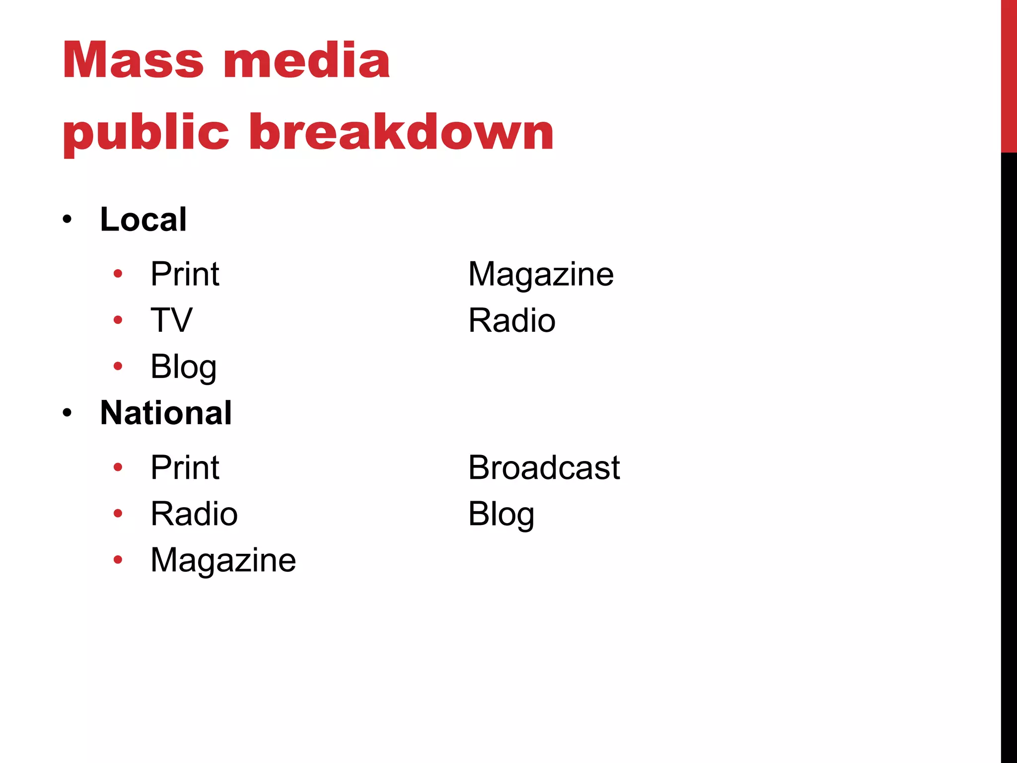 Mass media  public breakdown Local Print Magazine TV Radio Blog National Print Broadcast Radio Blog Magazine 