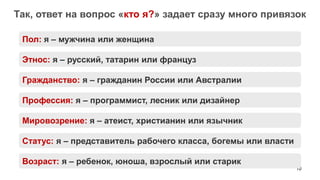 Так, ответ на вопрос «кто я?» задает сразу много привязок

 Пол: я – мужчина или женщина

 Этнос: я – русский, татарин или француз

 Гражданство: я – гражданин России или Австралии

 Профессия: я – программист, лесник или дизайнер

 Мировозрение: я – атеист, христианин или язычник

 Статус: я – представитель рабочего класса, богемы или власти

 Возраст: я – ребенок, юноша, взрослый или старик
                                                                10
 