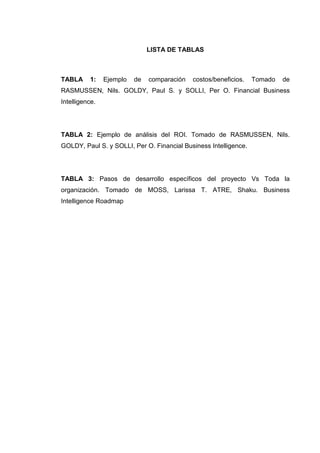 LISTA DE TABLAS
TABLA 1: Ejemplo de comparación costos/beneficios. Tomado de
RASMUSSEN, Nils. GOLDY, Paul S. y SOLLI, Per O. Financial Business
Intelligence.
TABLA 2: Ejemplo de análisis del ROI. Tomado de RASMUSSEN, Nils.
GOLDY, Paul S. y SOLLI, Per O. Financial Business Intelligence.
TABLA 3: Pasos de desarrollo específicos del proyecto Vs Toda la
organización. Tomado de MOSS, Larissa T. ATRE, Shaku. Business
Intelligence Roadmap
 