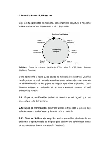 2.1 ENFOQUES DE DESARROLLO
Casi todo tipo proyectos de ingeniería, como ingeniería estructural o ingeniería
software pasa por seis etapas entre el inicio y ejecución.
FIGURA 6: Etapas de ingeniería. Tomado de MOSS, Larissa T. ATRE, Shaku. Business
Intelligence Roadmap.
Como lo muestra la figura 6, las etapas de ingeniería son iterativas. Una vez
desplegado un producto se mejora continuamente, estas mejoras se basan en
la retroalimentación de los grupos del negocio que utiliza el producto. Cada
iteración produce la realización de un nuevo producto (versión) el cual
evoluciona y madura.
2.1.1 Etapa de Justificación: evaluar las necesidades del negocio que dan
origen al proyecto de ingeniería.
2.1.2 Etapa de Planificación: desarrollar planes estratégicos y tácticos, que
establecen cómo se desplegara y llevará a cabo el proyecto.
2.1.3 Etapa de Análisis del negocio: realizar un análisis detallado de los
problemas y oportunidades del negocio para adquirir una comprensión sólida
de los requisitos y llegar a una solución (producto).
 