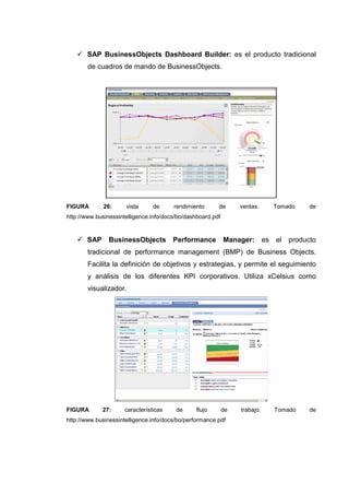 SAP BusinessObjects Dashboard Builder: es el producto tradicional
de cuadros de mando de BusinessObjects.
FIGURA 26: vista de rendimiento de ventas. Tomado de
http://www.businessintelligence.info/docs/bo/dashboard.pdf
SAP BusinessObjects Performance Manager: es el producto
tradicional de performance management (BMP) de Business Objects.
Facilita la definición de objetivos y estrategias, y permite el seguimiento
y análisis de los diferentes KPI corporativos. Utiliza xCelsius como
visualizador.
FIGURA 27: características de flujo de trabajo. Tomado de
http://www.businessintelligence.info/docs/bo/performance.pdf
 