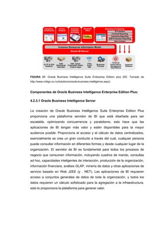 FIGURA 31: Oracle Business Intelligence Suite Enterprise Edition plus (EE. Tomado de
http://www.indigo.co.nz/solutions/oracle-business-intelligence.aspx)
Componentes de Oracle Business Intelligence Enterprise Edition Plus:
4.2.3.1 Oracle Business Intelligence Server
La creación de Oracle Business Intelligence Suite Enterprise Edition Plus
proporciona una plataforma servidor de BI que está diseñada para ser
escalable, optimizando concuerrencia y paralelismo, esto hace que las
aplicaciones de BI tengan más valor y estén disponibles para la mayor
audiencia posible. Proporciona el acceso y el cálculo de datos centralizados,
esencialmente se crea un gran conducto a través del cual, cualquier persona
puede consultar información en diferentes formas y desde cualquier lugar de la
organización. El servidor de BI es fundamental para todos los procesos de
negocio que consumen información, incluyendo cuadros de mando, consultas
ad hoc, capacidades inteligentes de interacción, producción de la organización,
información financiera, análisis OLAP, minería de datos y otras aplicaciones de
servicio basado en Web J2EE (y . NET). Las aplicaciones de BI requieren
acceso a conjuntos generales de datos de toda la organización, y todos los
datos requieren un cálculo sofisticado para la agregación a la infraestructura,
esto lo proporciona la plataforma para generar valor.
 