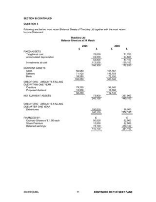 SECTION B CONTINUED

QUESTION 4

Following are the two most recent Balance Sheets of Thackley Ltd together with the most recent
Income Statement:

                                          Thackley Ltd
                                   Balance Sheet as at 31 March

                                                      2005                          2006
                                                  £               £             £                £
FIXED ASSETS
  Tangible at cost                                             78,000                       71,700
  Accumulated depreciation                                     24,200                       24,600
                                                               53,800                       47,100
  Investments at cost                                         112,500                      125,100
                                                              166,300                      172,200
CURRENT ASSETS
  Stock                                         55,080                       161,187
  Debtors                                       71,420                       146,703
  Bank                                          39,580                        72,150
                                               166,080                       380,040
CREDITORS: AMOUNTS FALLING
DUE WITHIN ONE YEAR
  Creditors                                     79,280                        96,140
  Proposed dividend                             13,000                        16,000
                                                92,280                       112,140
NET CURRENT ASSETS                                             73,800                      267,900
                                                              240,100                      440,100

CREDITORS: AMOUNTS FALLING
DUE AFTER ONE YEAR
  Debentures                                                  100,000                       86,000
                                                              140,100                      354,100

FINANCED BY:                                                     £                            £
  Ordinary Shares of £ 1.00 each                               50,000                       62,000
  Share Premium                                                12,000                       22,000
  Retained earnings                                            78,100                      270,100
                                                              140,100                      354,100




3001/2/06/MA                                    11              CONTINUED ON THE NEXT PAGE
 