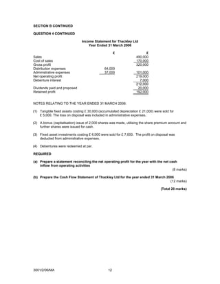 SECTION B CONTINUED

QUESTION 4 CONTINUED

                                Income Statement for Thackley Ltd
                                    Year Ended 31 March 2006

                                                      £                  £
Sales                                                              490,000
Cost of sales                                                      170,000
Gross profit                                                       320,000
Distribution expenses                         64,000
Administrative expenses                       37,000               101,000
Net operating profit                                               219,000
Debenture interest                                                   7,000
                                                                   212,000
Dividends paid and proposed                                         20,000
Retained profit                                                    192,000


NOTES RELATING TO THE YEAR ENDED 31 MARCH 2006:

(1) Tangible fixed assets costing £ 30,000 (accumulated depreciation £ 21,000) were sold for
    £ 5,000. The loss on disposal was included in administrative expenses.

(2) A bonus (capitalisation) issue of 2,000 shares was made, utilising the share premium account and
    further shares were issued for cash.

(3) Fixed asset investments costing £ 6,000 were sold for £ 7,000. The profit on disposal was
    deducted from administrative expenses.

(4) Debentures were redeemed at par.

REQUIRED

(a) Prepare a statement reconciling the net operating profit for the year with the net cash
    inflow from operating activities
                                                                                         (8 marks)

(b) Prepare the Cash Flow Statement of Thackley Ltd for the year ended 31 March 2006
                                                                                  (12 marks)

                                                                                   (Total 20 marks)




3001/2/06/MA                                     12
 