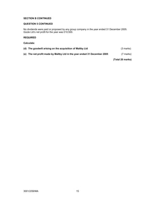 SECTION B CONTINUED

QUESTION 5 CONTINUED

No dividends were paid or proposed by any group company in the year ended 31 December 2005.
Goole Ltd’s net profit for the year was £10,500.

REQUIRED

Calculate:

(d) The goodwill arising on the acquisition of Maltby Ltd                            (3 marks)

(e) The net profit made by Maltby Ltd in the year ended 31 December 2005             (7 marks)

                                                                              (Total 20 marks)




3001/2/06/MA                                  15
 