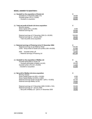 MODEL ANSWER TO QUESTION 5

(a) Goodwill on the acquisition of Goole Ltd                      £
       Goodwill at 31 December 2004 (1/5)                             18,000
       Goodwill written off (4 x 18,000)                              72,000
       ∴ Goodwill on acquisition                                      90,000



(b) Total net profit of Goole Ltd since acquisition               £
       Minority interest -
       Share capital (20% x 20,000)                                    4,000
       Retained earnings (R)                                          20,000
                                                                      24,000

        Retained earnings at 31 December 2004 (5 x 20,000)        100,000
        Retained earnings at 1 January 2001                        36,000
        ∴ Total net profits since acquisition                      64,000



(c) Retained earnings of Pickering Ltd at 31 December 2004        £
       Retained earnings as per Balance Sheet                     176,300
       LESS: Group share of Goole Ltd’s profits (0.80 x 64,000)     51,200
                                                                  125,100
        ADD: Goodwill written off                                   72,000
        ∴ Retained earnings of Pickering Ltd                      197,100



(d) Goodwill on the acquisition of Maltby Ltd                     £
       Goodwill attributable to Goole Ltd                                NIL
       ∴ Goodwill attributable to Maltby Ltd (4/5)                    46,000
       Goodwill written off (0.25 x 46,000)                           11,500
       ∴Goodwill on acquisition                                       57,500



(e) Net profit of Maltby Ltd since acquisition                    £
        Minority interest -
        Share Capital Goole Ltd (20% x 20,000)                         4,000
        Share Capital Maltby Ltd (30% x 4,000)                         1,200
        Retained earnings Goole Ltd [20,000 + (20% x 10,500)]         22,100
        Retained earnings Maltby Ltd (R)                              10,500
                                                                      37,800

        Retained earnings at 31 December 2005 (10,500 x 10/3)         35,000
        Retained earnings at 1 January 2005                           16,000
        ∴ Net profit of Maltby Ltd - year to 31 December 2005         19,000




3001/2/06/MA                                         16
 