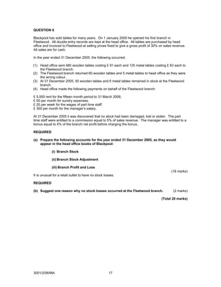 QUESTION 6

Blackpool has sold tables for many years. On 1 January 2005 he opened his first branch in
Fleetwood. All double entry records are kept at the head office. All tables are purchased by head
office and invoiced to Fleetwood at selling prices fixed to give a gross profit of 30% on sales revenue.
All sales are for cash.

In the year ended 31 December 2005, the following occurred:

(1) Head office sent 480 wooden tables costing £ 91 each and 125 metal tables costing £ 63 each to
    the Fleetwood branch.
(2) The Fleetwood branch returned 60 wooden tables and 5 metal tables to head office as they were
    the wrong colour.
(3) At 31 December 2005, 50 wooden tables and 6 metal tables remained in stock at the Fleetwood
    branch.
(4) Head office made the following payments on behalf of the Fleetwood branch:

£ 5,000 rent for the fifteen month period to 31 March 2006;
£ 50 per month for sundry expenses;
£ 20 per week for the wages of part time staff;
£ 300 per month for the manager’s salary.

At 31 December 2005 it was discovered that no stock had been damaged, lost or stolen. The part
time staff were entitled to a commission equal to 5% of sales revenue. The manager was entitled to a
bonus equal to 4% of the branch net profit before charging the bonus.

REQUIRED

(a) Prepare the following accounts for the year ended 31 December 2005, as they would
    appear in the head office books of Blackpool:

             (i) Branch Stock

             (ii) Branch Stock Adjustment

             (iii) Branch Profit and Loss
                                                                                              (18 marks)
It is unusual for a retail outlet to have no stock losses.

REQUIRED

(b) Suggest one reason why no stock losses occurred at the Fleetwood branch.                   (2 marks)

                                                                                       (Total 20 marks)




3001/2/06/MA                                          17
 