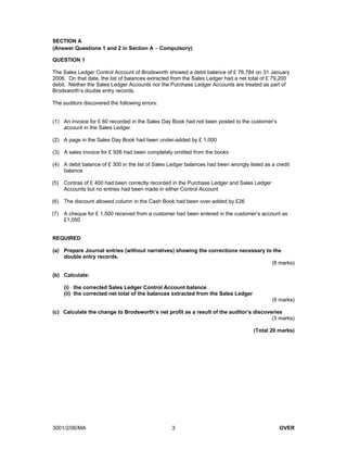 SECTION A
(Answer Questions 1 and 2 in Section A − Compulsory)

QUESTION 1

The Sales Ledger Control Account of Brodsworth showed a debit balance of £ 78,784 on 31 January
2006. On that date, the list of balances extracted from the Sales Ledger had a net total of £ 79,200
debit. Neither the Sales Ledger Accounts nor the Purchase Ledger Accounts are treated as part of
Brodsworth’s double entry records.

The auditors discovered the following errors:


(1) An invoice for £ 60 recorded in the Sales Day Book had not been posted to the customer’s
    account in the Sales Ledger

(2) A page in the Sales Day Book had been under-added by £ 1,000

(3) A sales invoice for £ 926 had been completely omitted from the books

(4) A debit balance of £ 300 in the list of Sales Ledger balances had been wrongly listed as a credit
    balance

(5) Contras of £ 400 had been correctly recorded in the Purchase Ledger and Sales Ledger
    Accounts but no entries had been made in either Control Account

(6) The discount allowed column in the Cash Book had been over-added by £26

(7) A cheque for £ 1,500 received from a customer had been entered in the customer’s account as
    £1,050


REQUIRED

(a) Prepare Journal entries (without narratives) showing the corrections necessary to the
    double entry records.
                                                                                     (8 marks)

(b) Calculate:

    (i) the corrected Sales Ledger Control Account balance
    (ii) the corrected net total of the balances extracted from the Sales Ledger
                                                                                             (9 marks)

(c) Calculate the change to Brodsworth’s net profit as a result of the auditor’s discoveries
                                                                                        (3 marks)

                                                                                     (Total 20 marks)




3001/2/06/MA                                      3                                             OVER
 