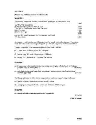 SECTION B

(Answer any THREE questions from Section B)

QUESTION 3

The following are extracts from the Balance Sheet of Selby plc at 31 December 2005:
                                                                                                   £ 000
CAPITAL AND RESERVES
20,000,000 Ordinary Shares of £ 0.25 each                                                          5,000
1,200,000 10% Preference Shares of £ 1.00 each                                                     1,200
Share Premium                                                                                      1,400
Retained Earnings                                                                                    700
                                                                                                   8,300
CREDITORS: AMOUNTS FALLING DUE AFTER ONE YEAR
15% Debentures                                                                                     1,000


On 1 January 2006, the directors of Selby plc intend to raise £ 1,800,000 and invest it in a project
which they believe will increase operating profit by £ 400,000 per year for the foreseeable future.

They are considering three possible methods of raising the £ 1,800,000:

(1) A rights issue of ordinary shares at £ 0.45 each

(2) Issuing more 10% preference shares at £ 1.20 each

(3) Issuing 15% Debentures at £ 0.90 for £ 1.00 nominal


REQUIRED

(a) Prepare Journal entries (including narratives) showing the effect of each of the three
    possible ways of raising finance                                                   (10 marks)

(b) Calculate the increase in earnings per ordinary share resulting from implementing
    methods (2) and (3)                                                               (6 marks)


The Managing Director of Selby plc has suggested two additional ways of raising the finance:

(1) Making a bonus (capitalisation) issue of ordinary shares

(2) Arranging a bank overdraft with a current rate of interest of 12% per year


REQUIRED

(c) Briefly discuss the Managing Director’s suggestions
                                                                                               (4 marks)

                                                                                       (Total 20 marks)




3001/2/06/MA                                        9                                              OVER
 
