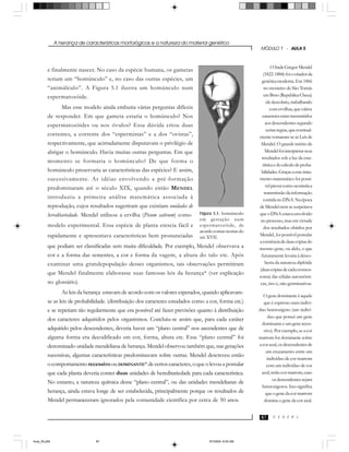 A herança de características morfológicas e a natureza do material genético
C E D E R J
MÓDULO 1 - AULA 5
87
e finalmente nascer. No caso da espécie humana, os gametas
teriam um “homúnculo” e, no caso das outras espécies, um
“animálculo”. A Figura 5.1 ilustra um homúnculo num
espermatozóide.
Mas esse modelo ainda embutia várias perguntas difíceis
de responder. Em que gameta estaria o homúnculo? Nos
espermatozóides ou nos óvulos? Essa dúvida criou duas
correntes, a corrente dos “espermistas” e a dos “ovistas”,
respectivamente, que acirradamente disputavam o privilégio de
abrigar o homúnculo. Havia muitas outras perguntas. Em que
momento se formaria o homúnculo? De que forma o
homúnculo preservaria as características das espécies? E assim,
sucessivamente. As idéias envolvendo a pré-formação
predominaram até o século XIX, quando então MENDEL
introduziu a primeira análise matemática associada à
reprodução, cujos resultados sugeriram que existiam unidades de
hereditariedade. Mendel utilizou a ervilha (Pisum sativum) como
modelo experimental. Essa espécie de planta crescia fácil e
rapidamente e apresentava características bem pronunciadas
que podiam ser classificadas sem muita dificuldade. Por exemplo, Mendel observava a
cor e a forma das sementes, a cor e forma da vagem, a altura do talo etc. Após
examinar uma grandepopulação desses organismos, tais observações permitiram
que Mendel finalmente elaborasse suas famosas leis da herança* (ver explicação
no glossário).
As leis da herança estavam de acordo com os valores esperados, quando aplicavam-
se as leis de probabilidade. (distribuição dos caracteres estudados como a cor, forma etc.)
e se repetiam tão regularmente que era possível até fazer previsões quanto à distribuição
dos caracteres adquiridos pelos organismos. Concluiu-se assim que, para cada caráter
adquirido pelos descendentes, deveria haver um “plano central” nos ascendentes que de
alguma forma era decodificado em cor, forma, altura etc. Esse “plano central” foi
denominado unidade mendeliana de herança. Mendel observou também que, nas gerações
sucessivas, algumas características predominavam sobre outras. Mendel descreveu então
o comportamento recessivoou DOMINANTE* de certos caracteres, o que o levou a postular
que cada planta deveria conter duas unidades de hereditariedade para cada característica.
No entanto, a natureza química desse “plano central”, ou das unidades mendelianas de
herança, ainda estava longe de ser estabelecida, principalmente porque os resultados de
Mendel permaneceram ignorados pela comunidade científica por cerca de 50 anos.
OfradeGregorMendel
(1822-1884)foiocriadorda
genéticamoderna.Em1866
no mosteiro de São Tomás
emBrno(RepúblicaCheca)
eledescobriu,trabalhando
comervilhas,quevários
caractereseramtransmitidos
aosdescendentessegundo
certasregras,queeventual-
mentetornaram-seasLeisde
Mendel. O grande mérito de
Mendelfoiinterpretarseus
resultados sob a luz da esta-
tísticaedocálculodeproba-
bilidades.Graçasaessetrata-
mento matemático foi possí-
velprevercomoocorreriaa
transmissãodainformação
contidanoDNA.Naépoca
de Mendel nem se suspeitava
queoDNAestavaenvolvido
no processo, mas em virtude
dos resultados obtidos por
Mendel, foi possível postular
aexistênciadeduascópiasdo
mesmo gene, ou alelo, o que
futuramentelevariaàdesco-
berta da natureza diplóide
(duascópiasdecadacromos-
soma) das células autossômi-
cas, isto é, não germinativas.
Ogenedominanteéaquele
que é expresso num indiví-
duo heterozigoto (um indiví-
duo que possui um gene
dominanteeumgenereces-
sivo). Por exemplo, se a cor
marrom for dominante sobre
acorazul,osdescendentesde
um cruzamento entre um
indivíduo de cor marrom
com um indivíduo de cor
azul,terãocormarrom,caso
osdescendentessejam
heterozigotos.Issosignifica
queogenedacormarrom
domina o gene da cor azul.
Figura 5.1: homúnculo
em gestação num
espermatozóide, de
acordocomasteoriasdo
séc XVII.
Aula_05.p65 5/7/2004, 8:05 AM87
 