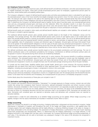 (n) Employee future benefits
The Company maintains a number of pension plans, both defined benefit and defined contribution, and other post-employment plans
for eligible employees and agents. These plans include broad-based pension plans for employees, supplemental pension plans for
executives, retiree welfare plans and disability welfare plans.
The Company’s obligation in respect of defined benefit pension plans and other post-employment plans is calculated for each plan as
the estimated present value of the future benefits that eligible employees have earned in return for their service up to the reporting
date. The discount rate used is based on the yield at the reporting date on high quality corporate bonds that have maturity dates
approximating the terms of these obligations and that are denominated in the same currency in which the benefits are expected to be
paid. To determine the Company’s net defined benefit asset or liability, the fair value of any plan assets, any unrecognized past service
costs and any unrecognized actuarial gains and losses are then deducted. When this calculation results in an asset, the amount
recognized is limited to the sum of any unrecognized past service costs and actuarial losses and the present value of economic
benefits available in the form of any future refunds from the plan or reductions in future contributions to the plan.
Defined benefit assets are included in other assets and defined benefit liabilities are included in other liabilities. The net benefit cost
for the year is included in general expenses.
The traditional defined benefit pension plans provide pension benefits based on the length of the employees’ service and the
employees’ final average earnings. The other defined benefit pension plans consist of cash balance plans in the United States and
Japan that provide benefits based on notional accumulated contributions and interest credits. The cost of all defined benefit pension
plans is recognized using the projected benefit method, prorated on service, and estimates of expected return on plan assets and,
where applicable, rates of compensation increases and retirement ages of employees. Actuarial gains and losses that exceed 10 per
cent of the greater of the defined benefit obligation or the fair value of the plan assets are amortized and recognized in income on a
straight-line basis over the estimated average remaining service life of the plan members. The expected return on plan assets is based
on the Company’s best estimate of the long-term expected rate of return and on the fair value of plan assets.
The defined contribution plans provide pension benefits based on the accumulated contributions and fund earnings. The cost of
defined contribution plans is the contribution provided by the Company. Contributions to defined contribution pension plans are
recognized in income in the periods during which services are rendered by employees.
The Company’s retiree welfare plans provide health, dental and, in some instances, life insurance benefits to qualifying employees
upon retirement. The estimated present value of the cost of these benefits is recognized in income over the employees’ years of
service to their dates of full entitlement. Actuarial gains and losses that exceed 10 per cent of the defined benefit obligation are
amortized and recognized in income on a straight-line basis over the estimated average remaining service life of the plan members.
In Canada and the United States, disability welfare plans provide health, dental and in some instances, life insurance benefits to
employees who are absent from work due to disability (or other approved leave). The year-over-year change in the defined benefit
obligation, including any actuarial gains or losses, is recognized in income in the current year.
When the benefits under the pension plans and other post-employment plans are improved, the portion of the increased benefit
relating to past service by employees is recognized in income on a straight-line basis over the average period until the benefits become
vested. To the extent that the benefits vest immediately, the increased benefit for past service is immediately recognized in income.
Further details about the characteristics of these plans are included in note 17.

(o) Derivative and hedging instruments
The Company uses derivative financial instruments (“derivatives”) to manage exposures to foreign currency, interest rate and other
market risks arising from on-balance sheet financial instruments, selected anticipated transactions and certain insurance contract
liabilities. Derivatives embedded in other financial instruments (“host instruments”) are separately recorded as derivatives when their
economic characteristics and risks are not closely related to those of the host instrument, the terms of the embedded derivative are
the same as those of a standalone derivative and the host instrument itself is not recorded at FVTPL. Derivatives are recorded at fair
value. Derivatives with unrealized gains are reported as derivative assets and derivatives with unrealized losses are reported as
derivative liabilities.
A determination is made for each relationship as to whether hedge accounting can be applied. Where hedge accounting is not
applied, changes in the fair value of derivatives are recorded in investment income. Refer to note 5.

Hedge accounting
Where the Company has elected to use hedge accounting, a hedging relationship is designated and documented at inception. Hedge
effectiveness is evaluated at inception and throughout the term of the hedge and hedge accounting is only applied when the
Company expects that each hedging relationship will be highly effective in achieving offsetting changes in fair value or changes in
cash flows attributable to the risk being hedged. The assessment of hedge effectiveness is performed at the end of each reporting
period both prospectively and retrospectively. When it is determined that the hedging relationship is no longer effective, or the
hedging instrument or the hedged item has been sold or terminated, the Company discontinues hedge accounting prospectively. In
such cases, if the derivatives are not sold or terminated, any subsequent changes in fair value of the derivative are recognized in
investment income.

                                                       Notes to Consolidated Financial Statements   Manulife Financial Corporation 2012 Annual Report   95
 