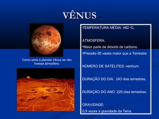 VÊNUSVÊNUS
TEMPERATURA MÉDIA: 482 o
C.
ATMOSFERA:
•Maior parte de dióxido de carbono.
•Pressão 90 vezes maior que a Terrestre.
NÚMERO DE SATÉLITES: nenhum.
DURAÇÃO DO DIA: 243 dias terrestres.
DURAÇÃO DO ANO: 225 dias terrestres.
GRAVIDADE:
0,9 vezes a gravidade da Terra.
Como seria o planeta Vênus se não
tivesse atmosfera.
 
