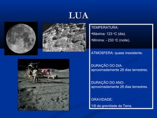 LUALUA
TEMPERATURA:
•Máxima: 123 o
C (dia).
•Mínima: - 233 o
C (noite).
ATMOSFERA: quase inexistente.
DURAÇÃO DO DIA:
aproximadamente 28 dias terrestres.
DURAÇÃO DO ANO:
aproximadamente 28 dias terrestres.
GRAVIDADE:
1/6 da gravidade da Terra.
 