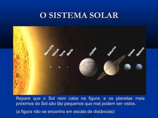 O SISTEMA SOLARO SISTEMA SOLAR
Repare que o Sol nem cabe na figura, e os planetas maisRepare que o Sol nem cabe na figura, e os planetas mais
próximos do Sol são tão pequenos que mal podem ser vistos.próximos do Sol são tão pequenos que mal podem ser vistos.
(a figura não se encontra em escala de distâncias)(a figura não se encontra em escala de distâncias)
 