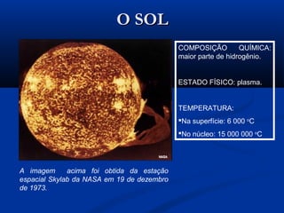 O SOLO SOL
COMPOSIÇÃO QUÍMICA:
maior parte de hidrogênio.
ESTADO FÍSICO: plasma.
TEMPERATURA:
Na superfície: 6 000 o
C
No núcleo: 15 000 000 o
C
A imagem acima foi obtida da estação
espacial Skylab da NASA em 19 de dezembro
de 1973.
 