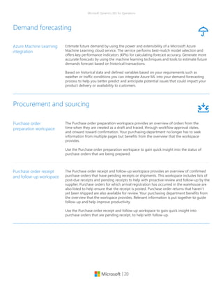 | 20
Microsoft Dynamics 365 for Operations
Demand forecasting
Estimate future demand by using the power and extensibility of a Microsoft Azure
Machine Learning cloud service. The service performs best-match model selection and
offers key performance indicators (KPIs) for calculating forecast accuracy. Generate more
accurate forecasts by using the machine learning techniques and tools to estimate future
demands forecast based on historical transactions.
Based on historical data and defined variables based on your requirements such as
weather or traffic conditions you can integrate Azure ML into your demand forecasting
process to help you better predict and anticipate potential issues that could impact your
product delivery or availability to customers.
Azure Machine Learning
integration
The Purchase order receipt and follow-up workspace provides an overview of confirmed
purchase orders that have pending receipts or shipments. This workspace includes lists of
post-due receipts and pending receipts to help with proactive review and follow-up by the
supplier. Purchase orders for which arrival registration has occurred in the warehouse are
also listed to help ensure that the receipt is posted. Purchase order returns that haven’t
yet been shipped are also available for review. Your purchasing department benefits from
the overview that the workspace provides. Relevant information is put together to guide
follow-up and help improve productivity.
Use the Purchase order receipt and follow-up workspace to gain quick insight into
purchase orders that are pending receipt, to help with follow-up.
Purchase order receipt
and follow-up workspace
Procurement and sourcing
The Purchase order preparation workspace provides an overview of orders from the
time when they are created as a draft and traced, through workflow approval states,
and onward toward confirmation. Your purchasing department no longer has to seek
information from multiple pages but benefits from the overview that the workspace
provides.
Use the Purchase order preparation workspace to gain quick insight into the status of
purchase orders that are being prepared.
Purchase order
preparation workspace
 