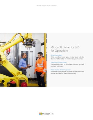 | 21
Microsoft Dynamics 365 for Operations
Microsoft Dynamics 365
for Operations
Grow at your pace
Helps your businesses grow at your pace with the
choice and flexibility to modernize your business.
Transform business faster
Enables businesses to simplify and speed up their
business processes.
Make smarter decisions quicker
Empowers your people to make smarter decisions
quicker, so they are ready for anything.
 