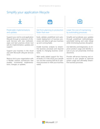 | 27
Microsoft Dynamics 365 for Operations
Simplify your application lifecycle
Support your end-to-end application
lifecycle through an extension of Life-
cycle Services with new methodol-
ogies and best practices driven tool
sets for implementation, updates and
support.
Support your business in the cloud
and with Microsoft Lifecycle Services
(LCS).
Reduce risk to your organization with
a flexible solution architecture that
enables incremental implementa-
tions, changes, or updates.
Predictable implementations
and updates
Easily validate predefined and auto-
mated deployment of business pro-
cesses and data to get your business
up and running faster.
Enable business analysts to stream-
line business processes and respond
rapidly to changing business condi-
tions.
With newly added support for Visu-
al Studio or in the cloud your people
can use their existing skill set to opti-
mize processes to meet your business
needs.
Get from planning to production
faster than ever
Simplify and accelerate your updates
through predefined methodologies,
automated testing and code merge
while minimizing business disruption.
Use telemetry and diagnostics, to im-
prove product usage and identify is-
sues so you can proactively minimize
downtime.
Provide self-service learning and re-
sources to your people to optimize
system usage and ultimately stream-
line business processes.
Lower the cost of maintaining
by automating processes
 